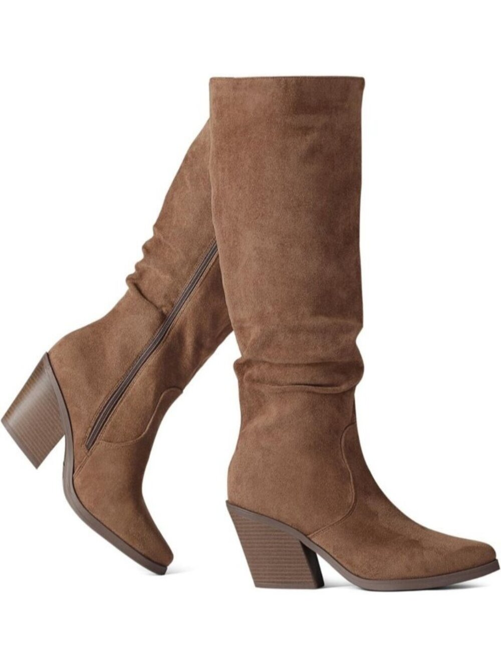 Women's Brown Knee High Boots Stacked Chunky Heel Tall Boots Western Faux Suede